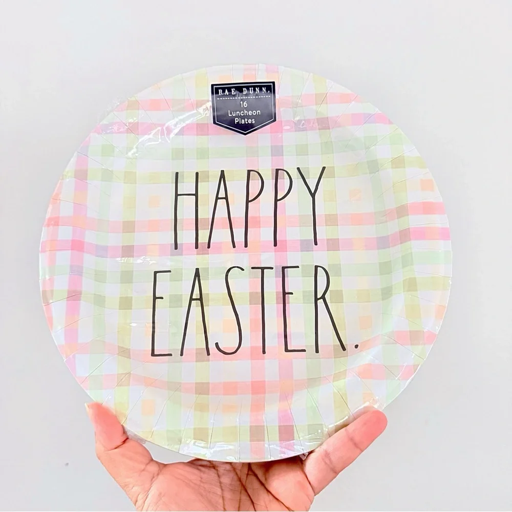 Rae Dunn Happy Easter 16 Luncheon Plates in Pastel Plaid